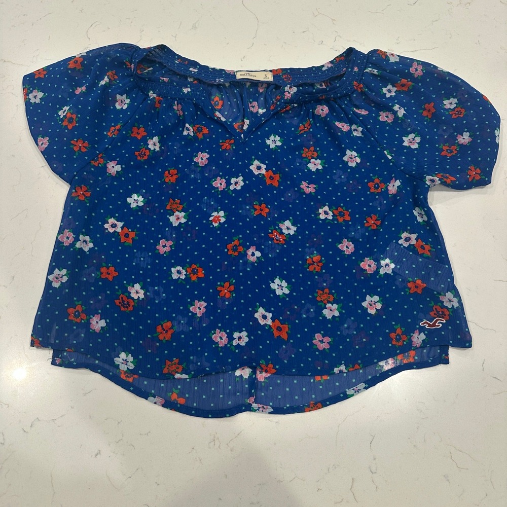 Hollister Y2K Blue Floral Polka Dot Sheer Chiffon Smocked Blouse Top Small